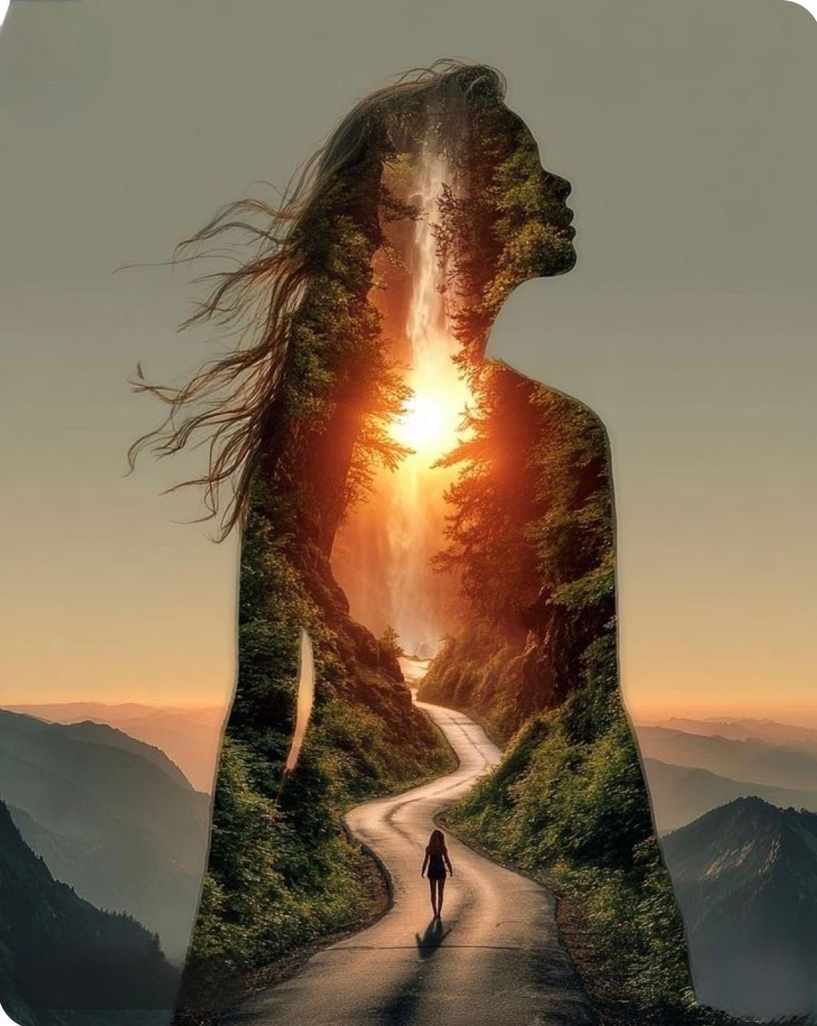 Woman silhouette with forest path